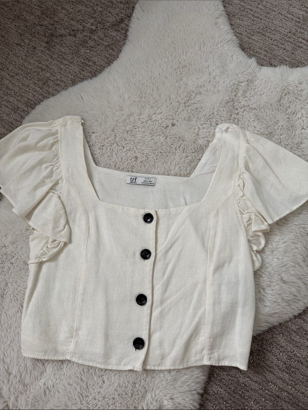 Zara Cream Square-Neck Crop Top with Dark Buttons